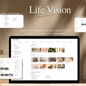 May include: A computer screen displaying a website called "Life Vision". The website is a tool for setting personal goals, creating vision boards, and tracking progress. The website has a clean, modern design with a light background and dark text.