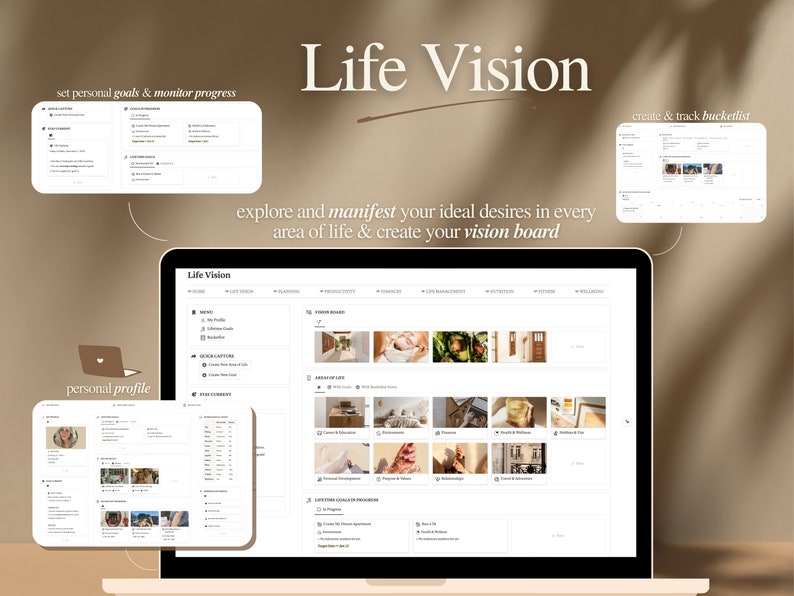 May include: A computer screen displaying a website called "Life Vision". The website is a tool for setting personal goals, creating vision boards, and tracking progress. The website has a clean, modern design with a light background and dark text.