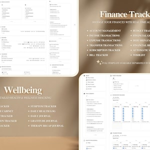 May include: A digital printable planner with sections for wellbeing and finance tracking. The wellbeing section includes trackers for sleep, medicine, vitamins, hydration, mood, symptoms, daily health log, daily journal, gratitude journal, and therapy recap journal. The finance section includes trackers for account management, income, expenses, transfers, subscriptions, bills, budget, financial goals, debt repayment plans, financial reports, automatic calculations, and wishlists.
