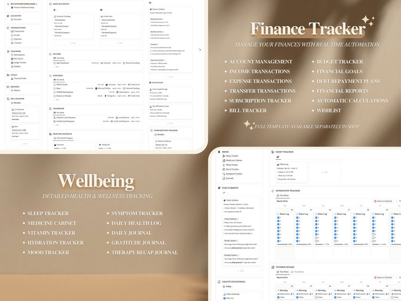 May include: A digital printable planner with sections for wellbeing and finance tracking. The wellbeing section includes trackers for sleep, medicine, vitamins, hydration, mood, symptoms, daily health log, daily journal, gratitude journal, and therapy recap journal. The finance section includes trackers for account management, income, expenses, transfers, subscriptions, bills, budget, financial goals, debt repayment plans, financial reports, automatic calculations, and wishlists.