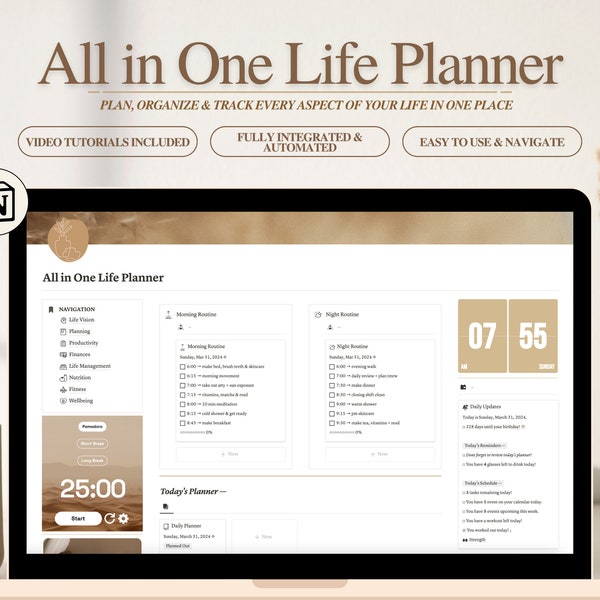 Notion Template All in One Life Planner | Notion Complete Life Dashboard, Minimal Neutral Aesthetic Digital Planner