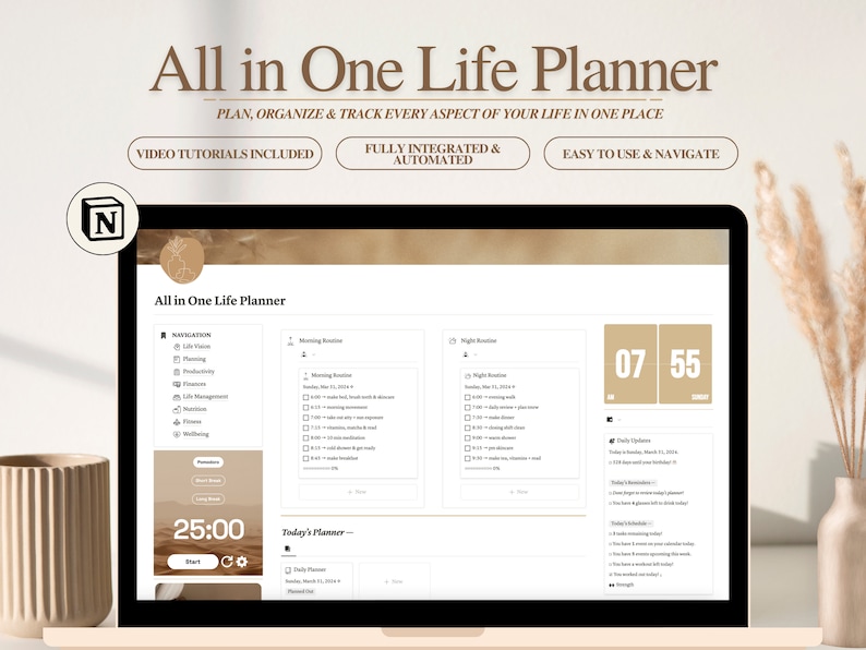 May include: A screenshot of a computer screen showing a website for an "All in One Life Planner". The website has a light brown background and features a menu on the left side with categories like "Life Vision", "Productivity", and "Finance". The main part of the screen shows a daily planner with sections for "Morning Routine", "Night Routine", and "Today's Planner". There is a timer in the top right corner that reads "07 55".