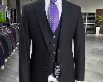 Black 3 Pieces Single Breasted Suit,Black Men’s Suit,Black Wedding Suit,Black Grooms Suit,Black Fitted Men’s Suit,Black Groomsmen Suit