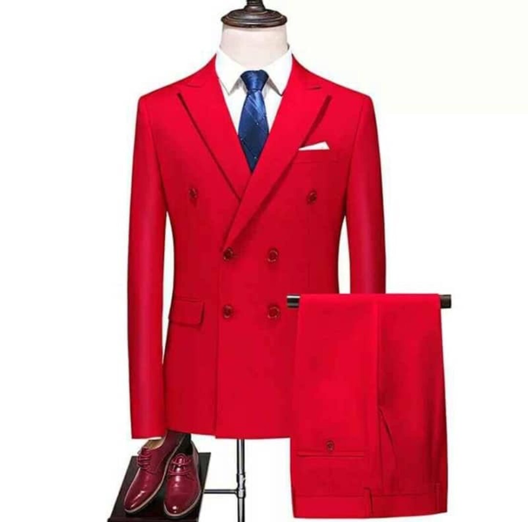 Red 2 Pieces Double Breasted Suit,red Mens Suit,red Wedding Suit,red