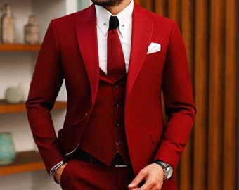 Red 3 Pieces Single Breasted Suit,Red Men’s Suit,Red Wedding Suit,Red Grooms Suit,Red Fitted Men’s Suit,Red Groomsmen Suit,Gift For Him
