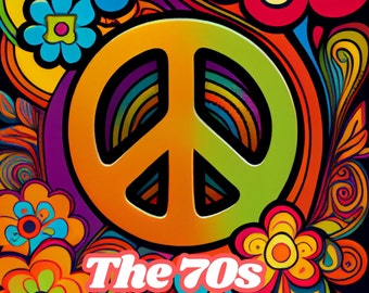 Páginas para colorear imprimibles de los años 70: hippies, pantalones de campana, flower power y signos de la paz