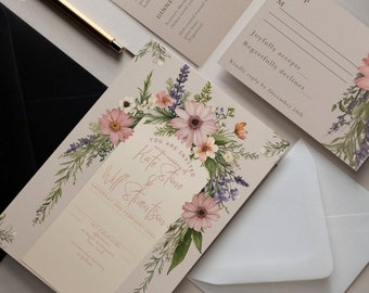 May include: A wedding invitation with a floral design featuring pink and purple flowers. The invitation reads "You are invited to the wedding of Kate & Stone Will Stivantsour Saturday 2nd February 2024"