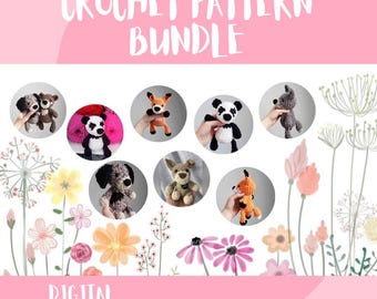 May include: A digital crochet pattern bundle featuring 8 adorable animal amigurumi designs. The patterns are available as PDF files and can be downloaded instantly. The designs include a fox, panda, wolf, dog, and more.  @sweetashoneycrafts
