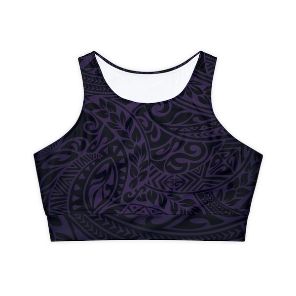 Polynesian Tribal in Purple Fully Lined, Padded Sports Bra, Blue Polynesian Tribal Sports Bra, Lined Athletic Top, Fitness Apparel