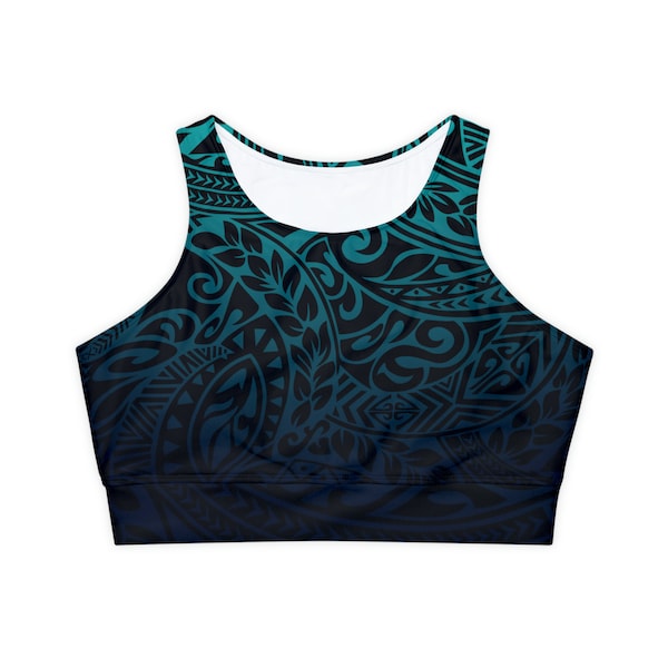 Polynesian Tribal in Blue Fully Lined, Padded Sports Bra, Blue Polynesian Tribal Sports Bra, Lined Athletic Top, Fitness Apparel