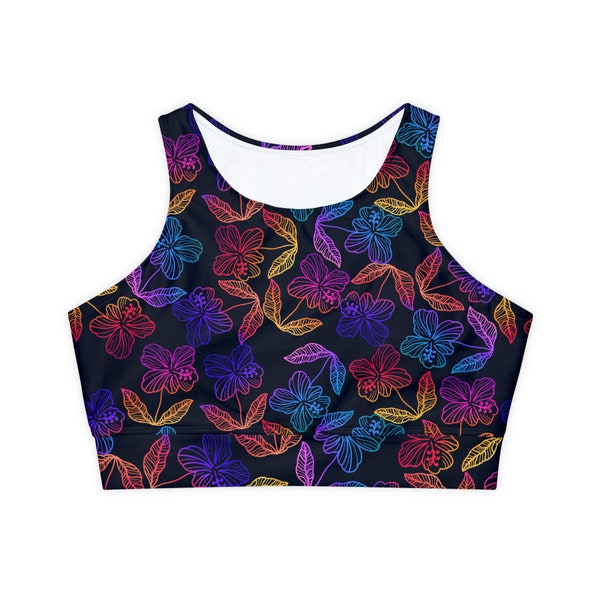 Rainbow Hibiscus Fully Lined, Padded Sports Bra, Floral Print Sports Bra, Lined Athletic Top, Fitness Apparel