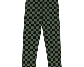 Checkerboard in Black and Green Kid's Leggings, Colorful Kids Leggings, Vibrant Tights, Stretchy Pants, Trendy Children's Wear