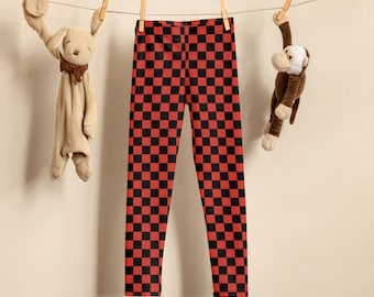 Checkerboard in Black and Red-Orange Kid's Leggings, Colorful Kids Leggings, Vibrant Tights, Stretchy Pants, Trendy Children's Wear