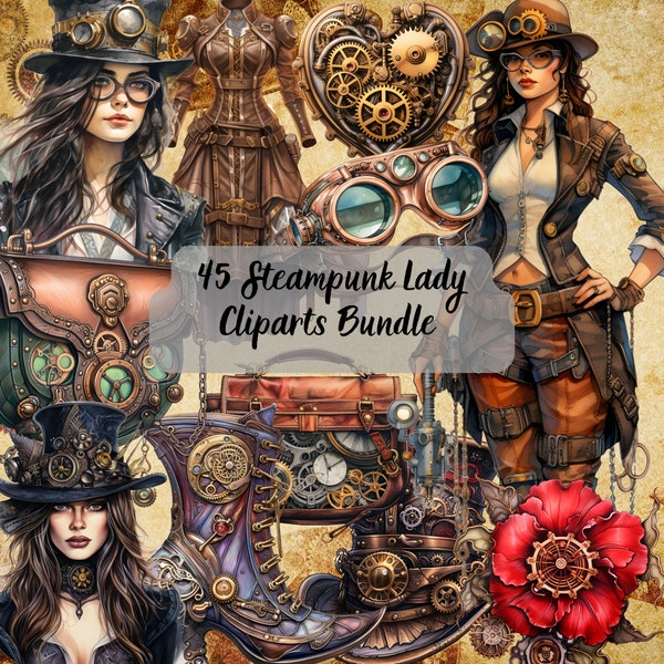 45 SVG-PNG Watercolor Steampunk Lady Clipart, Fantasy Steampunk bundle,Victorian PNG,Steampunk Junk Journal, Clipart bundle, Steampunk Girls