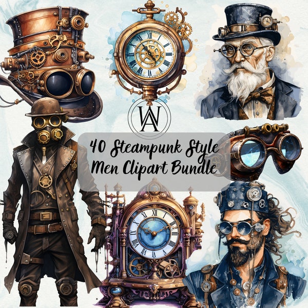 40 Watercolour Steampunk Gentleman Clipart Bundle, Steampunk Man Style, Fantasy Steampunk png bundle, Victorian PNG,SVG,PDF, Junk Journal