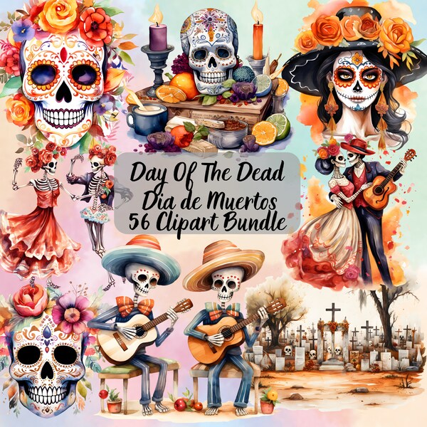 56 Watercolor Día de Los Muertos Clipart, Day of the Dead Illustration Clipart, Mexican Halloween png,svg Sugar La Catrina Sublimation