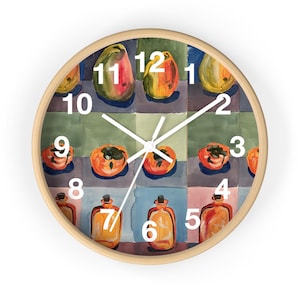 Fruit Wall Clock, Colorful Kitchen Clock, Whimsical Office Decor, Mango Persimmon Clock, Living Room Birthday Gift