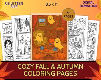 Cozy Fall Autumn Coloring Pages, Holloween Coloring Sheets for Teens and Adults, Bold and Easy Coloring for Stress Relief, Digital Download