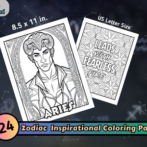 24 Zodiac Coloring Pages, Inspirational Quotes Printables, Celestial Astrology Coloring Book, Mandala Coloring Sheets, Instant Download