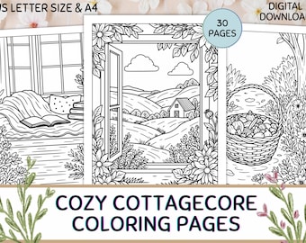 Cozy Cottagecore Spring Coloring Pages for Adults, Relaxing Cottage & Garden Scenes, Floral Coloring Book, Instant Digital Download