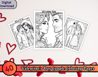 40 Valentine's Day Couple Coloring Pages, Romantic Coloring Sheets, Greyscale Coloring, Adult Coloring Pages, Valentine's Printable