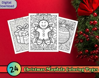 May include: 24 printable Christmas mandala coloring pages featuring a gingerbread man, a gift box, and an ornament. The pages are 8.5 x 11 inches and are designed for US Letter size paper.