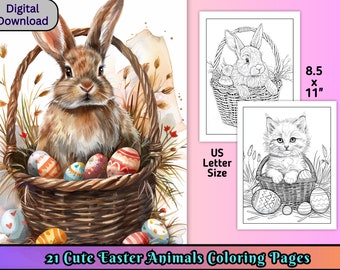 21 Cute Easter Animals Coloring Pages, Easter Coloring Page Printables, Spring Easter Greyscale Coloring, Coloring Pages for Adults & Kids
