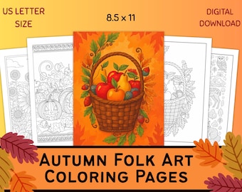 Autumn Coloring Pages, Folk Art Fall Coloring Sheets, Relaxation Coloring for Adults & Teens, Cozy Fall Printables for Instant Download
