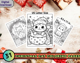 31 Christmas Cat Coloring Pages, Animal Printables, Christmas Coloring Sheets, Holiday Coloring, Instant Digital Download