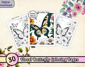 30 Floral Butterfly Coloring Pages, Botanical Floral Printables, Adult & Teen Coloring Book, Greyscale Coloring, Digital Download