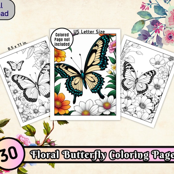 30 Floral Butterfly Coloring Pages, Botanical Floral Printables, Adult & Teen Coloring Book, Greyscale Coloring, Digital Download