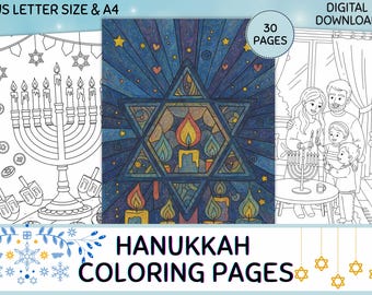 May include: Hanukkah coloring pages with 30 pages, featuring a Star of David design with candles, a menorah, and a family lighting candles. The text "HANUKKAH COLORING PAGES" is displayed at the bottom. Available in US Letter and A4 sizes.