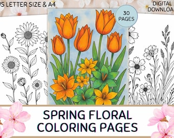 Spring Floral Botanical Coloring Pages for Adults, 30 Relaxing Flower & Nature Printables, Flower Coloring Book, Instant Digital Download