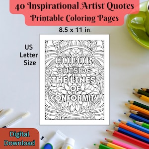 40 Inspirational Quote Coloring Pages, Positive Affirmation Printables, Printable Adult Coloring Pages, Gift for Artist, Digital Download