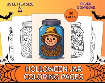 Halloween Jar Coloring Pages for Teens and Adults, Cute Spooky Bold and Easy Printables for Stress Relief, Fall Coloring Fun Activity