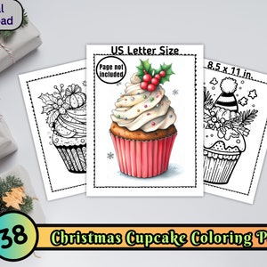 38 Weihnachts Cupcake Malseiten, Weihnachten Malvorlagen für Erwachsene, Urlaub Ausmalen, Süßigkeiten Malseite, Graustufen Färbung