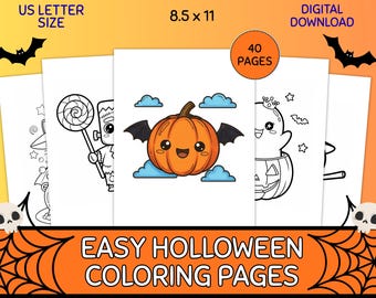May include: A stack of Halloween-themed coloring pages. The pages feature illustrations of a pumpkin with bat wings, a Frankenstein monster, and a ghost in a pumpkin. The text on the image reads "EASY HALLOWEEN COLORING PAGES". The paper size is 8.5 x 11 inches.
