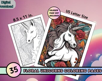 35 Unicorn Coloring Pages, Floral Coloring Sheets, Fantasy Animal Coloring, Printable Unicorn Art, Instant Download