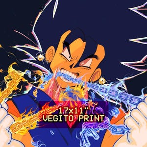 Könnte beinhalten: Eine digitale Illustration eines Charakters mit blauen und orangefarbenen Haaren, der ein blaues und orangefarbenes Hemd trägt, mit Ketten und Flammen um die Arme. Der Text "17x11" und "VEGITO PRINT" ist im Bild.