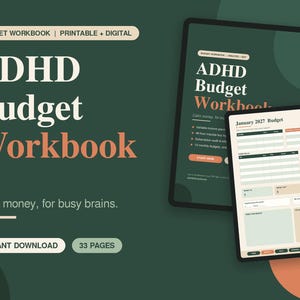 Peut inclure: Un classeur budgétaire numérique TDAH de 33 pages, avec un fond vert foncé, du texte blanc et pêche, et des tablettes affichant des modèles de planification budgétaire, dont une page de budget janvier 2027 et une étiquette de téléchargement.