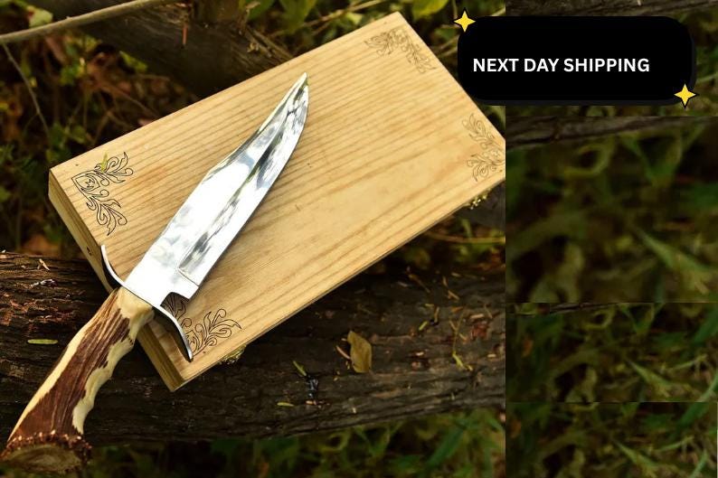 Custom Damascus Hunting Knife: Handmade Stag Horn Handle D2 Knife with box