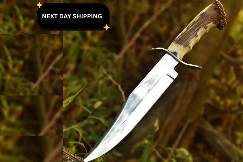Custom Damascus Hunting Knife: Handmade Stag Horn Handle D2 Full Stag Knife