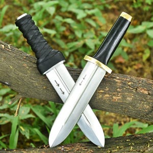 May include: Two crossed daggers with silver blades and black handles. One handle is wrapped in black leather, the other is smooth with a gold accent. The blades have arrow markings. The daggers rest on a brown wooden branch against a green background.