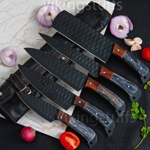 Handmade Black Coated 5pcs Chef Set, Beautiful Kitchen Knives, Gift for Mother, Gift for Boyfriend, Groomsmen Gift, Anniversary Gift