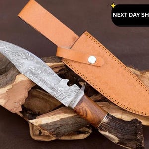 Custom Damascus Hunting Knife: Handmade Stag Horn Handle image 2