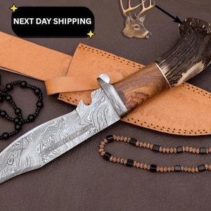 Custom Damascus Hunting Knife: Handmade Stag Horn Handle