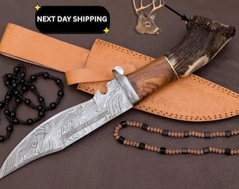 Custom Damascus Hunting Knife: Handmade Stag Horn Handle