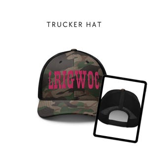 May include: Camouflage trucker hat with a pink embroidered logo that says "LRIGWOC".