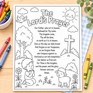 Puede incluir: Una página para colorear en blanco y negro con el texto The Lord's Prayer, rodeada de ilustraciones de un sol sonriente, nubes, un pájaro, un árbol, una cruz en una colina, un niño rezando y un cordero, con lápices de colores cerca.