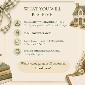 May include: A digital download information card featuring the text WHAT YOU WILL RECEIVE, a green gingham ribbon, a cottage illustration, a stack of books, and a pencil holder. The card specifies a PDF file size of 8.5"x11" and is not editable.